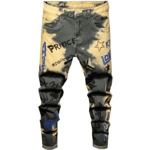 Europese Amerikaanse Stijl Mode Mannen Broek Gat Patch Elastische Brief Borduren Silm Fit Elastische Geel Jeans