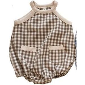 Koodykids 2022 Baby Summer Sleeveless Rompers Plaid Brown Bodysuits Toddler Boys Summer Bodysuit Outfit