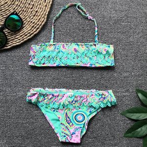 7-14Y Meisje Bikini Set Kids Hollow Out Tiener Badpak Meisjes Print Tweedelige kinderen Badmode Grote Meisje Badpak beachwear