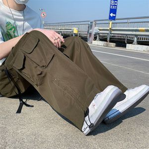 Lente Groen Zwart Breed Been Broek Mannen Mode Pocket Cargo Broek Mannen Streetwear Koreaanse Losse Rechte Broek Heren Broek S-2XL