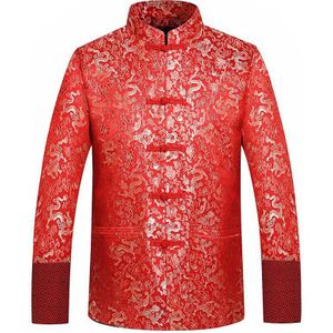 Rode Zijde Jas Mannen Herfst Draak Cheongsam Tops Plus Size 4XL Traditionele Chinese Kleding Tang Pak Bruiloft Jas