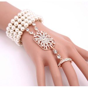 Vrouwen Great Gatsby Geïnspireerd Bloem Parel Armband Ring Set Wedding Bridal Vintage Armband 1920s Flapper Accessoires Party