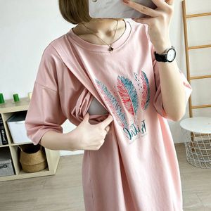 Mid-Lengte Katoen Zwangere Vrouwen T-shirt Jurk Veer Patroon Zomer Verpleging Top Voor Mom Dragen Moederschap Kleding 3939