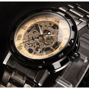 SEWOR winner Skeleton Mechanische Horloge Golden Transparante Steampunk Klok Mannen Roestvrij Volledige Stalen Horloge Relogio