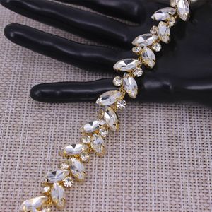 Briljante Bladeren Vorm Crystal Rose Gold, Gold Strass Trim Metalen Ketting Lint Voor Jurk, Haar Decoratie Accessoires
