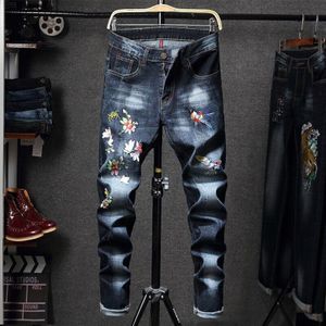 Borduurwerk Jeans Mannen Donkerblauw Stretch Slanke Streetwear Denim Broek Casual Retro Biker Jeans Man Broek Hiphop