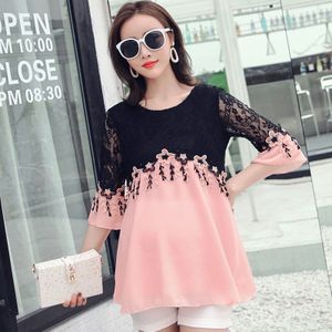 Zomer Zwangere Vrouwen Kwastje Kant Stiksels Chiffon Blouses Lange Losse Moederschap Half Sleeve Kant Patchwork Chiffon Shirts