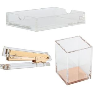 3 pcs/setClear Memo Pad Note Houder + Acryl & Gold Potlood/Pen Bekerhouder + Acryl Nietmachine bureau kit