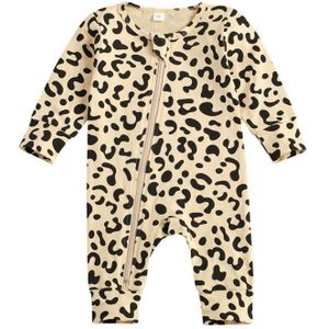 0-18M Pasgeboren Baby Luipaard Print Romper Lange Mouw Ronde Hals Zip Up Jumpsuit Voor Lente Herfst Baby meisje Jongen Kleding