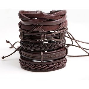 6 stks/partij Handgemaakte Gevlochten Mannen Multilayer Casual Armbanden Bangles Black PU Leer Stijlvolle Sieraden Accessoires