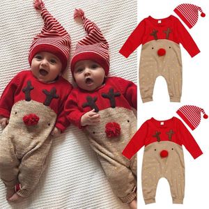 Kerst Leuke Infant Kids Baby Meisjes Jongens Romper Hoeden 2 Stuks Herten Print Patchwork Rode Jumpsuits Romper