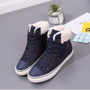 HUANQIU Vrouwen Winter Schoenen Denim Doek Hoge Top Bont Gevoerde Lady Warm Casual Schoenen Denim Sneakers Marineblauw 35-40