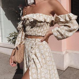 Boho Geïnspireerd 2 Delige Set Vrouwen Caramel Bloemenprint Set Zomer Jurk Off Shoulder Lange Mouwen Lange Boho Jurk Gypsy vrouwen Jurk