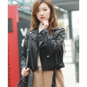 Tassels Women Leather Jacket Top Rivets Studded Punk Biker Coat Metal Fringed PU Metallic Motorcycle Jackets LF027051