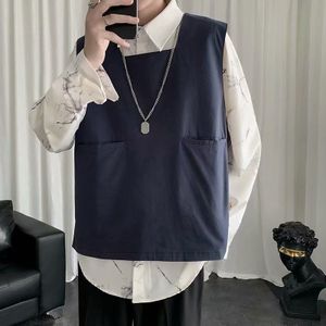 Herfst Trui Vest Mannen Mode Effen Kleur Casual Pocket Tooling Vest Mannen Streetwear Wilde Losse Hip-Hop Koreaanse vest Heren