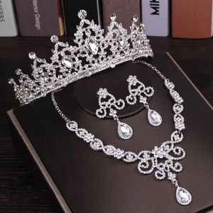 Luxe Verzilverd Crystal Bridal Sieraden Sets Ketting Oorbellen Strass Tiara Kroon Set Bruiloft Afrikaanse Kralen Sieraden Set