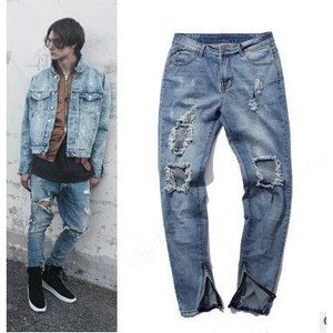 Slim Fit Gewassen Jeans Straat Heren Verontruste Denim Hip Hop Jeans Knie Gaten Ripped Jeans Mannen Z