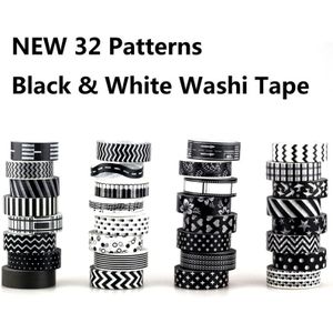 32 stks 15mm Tape Zwart Wit set Dot, Bloem, star Print Scrapbooking DIY Sticker Decoratieve Masking Japanse Washi Tape Papier Lot