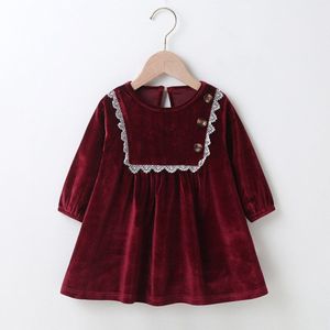 Winter Meisjes Jurk Meisjes Leuke Fluwelen Lange Mouw Wit Kant Claret Jurk Leuke Jurk Vestidos 0-24M