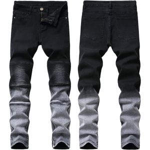 Geplooide Motorfiets Jeans Broek Mannen Stretch Slim Zwarte Kleine Voeten Jeans Trendy Brand Jeans