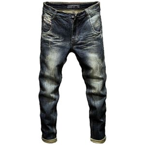 Heren Donkerblauwe Jeans Broek Denim Slim Fit Elastische Casual Punk Jeans Mannen High Street Vintage Gekrast Mode Zakken