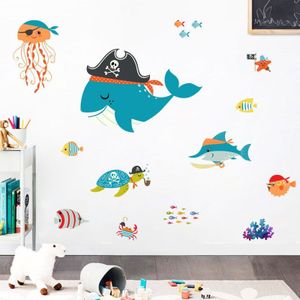 Cartoon piraat walvis Onderzeese dier Muur Sticker voor kinderkamer slaapkamer decoratie art Decals behang Glazen deur stickers