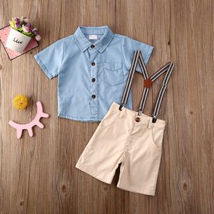 3 Pcs Baby Kids Jongens Gentleman Suits Korte Mouw Blauw Button Shirt Top Wit Bib Broek Kleding Set Pasgeboren Jongens outfits