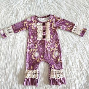 Kid Boutique Zacht Materiaal Kleding Meisje Lange Mouw Jumpsuit Baby Meisjes Paars Romper Met Kant