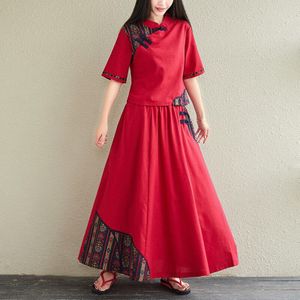 Chinese Traditionele Kleding Voor Womne Vrouwelijke Linnen Stiching Qipao Cheongsam Jurk Retro Vintage Korte Mouw Rood 2 Stuks Set