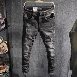Streetwear Mannen Jeans Zwart Grijs Slim Fit Vernietigd Ripped Jeans Mannen Elastische Punk Broek Vintage Hip Hop Jeans