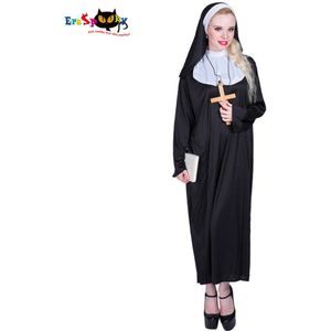 Eraspooky Black Nun Cosplay Zus Jurk Lange Robe Halloween Kostuum Voor Vrouwen Handelen Heilige Religieuze Fancy Dress