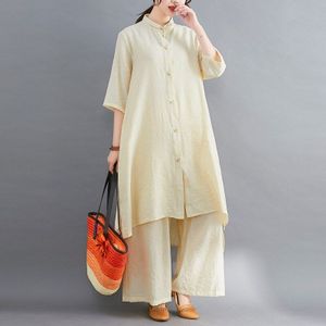 Lente Zomer Vrouwen Sets Elegante Katoen Linnen Losse Lange Blouse Shirts + Vrouwelijke Wijde Pijpen Broek Broek Tweedelige sets 11351