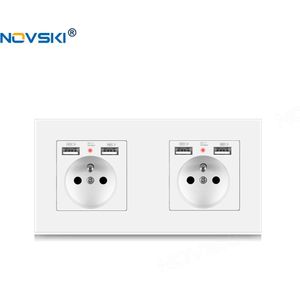 Novski Eu-Franse Stopcontact Crystal Glas Wit Paneel 2 Frame 86*172 Mm, ingebouwde Led Voor Usb Charger