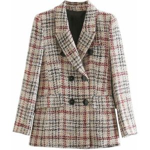 Elegante Vrouwen Tweed Blazer Mode Dames Plaid Gebreide Jas Streetwear Vrouwelijke Causale Double Breasted Jas Chic Meisjes Slanke Set