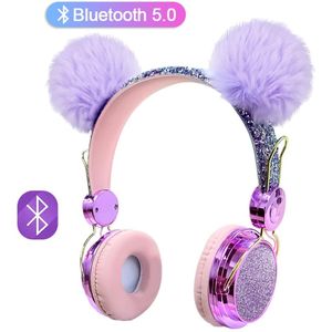 Luxe Diamond Leuke Draadloze Hoofdtelefoon Met Mic Meisje Kid Bluetooth 5.0 Oortelefoon Met Hairball Muziek Stereo Helm Voor Kind
