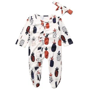 0-18M Baby Baby Meisjes Kids Ananas Footies Met Strik Hoofdband Een Stuk Kleding Tops 0-18M