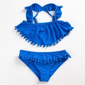 Meisje Badpakken Verstoorde Trim Flounce Bikini Sets Met Pom Pom Bal Kinderen Meisjes Twee-Delige Bikini Badpak