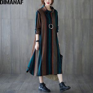 Dimanaf Plus Size Vrouwen Jurk Lange Mouwen Vintage Winter Katoen Dikke Coltrui Vrouwelijke Vestido Losse Gestreepte Elegante Dame Jurk