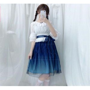 Shining Stars Lolita Jurk Gradiënt Jsk Ster Blauw Meisjes Effen Fancy Dress Lace Ruches Geplooide Jurk En Shirt Set