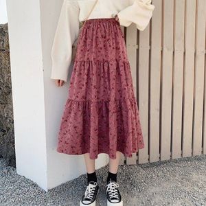 Rokken Womens Bloemen Vintage Zoete Mooie All-Match Chic Hoge Elastische Taille Lange Rok Harajuku Kawaii Vrouwelijke Koreaanse Stijl