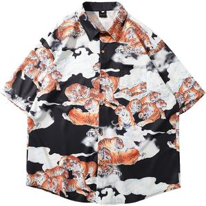 Puimentiua Zomer Shirt Mannen Etnische Gedrukt Stand Kraag Katoen Linnen Streep Korte Mouwen Losse Henley Shirt Bloemen Shirt