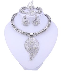 Bridal Afrikaanse Kralen Sieraden Sets Voor Vrouwen Zilveren Kleur Kristal Ketting Oorbellen Armband Ring Accessoires
