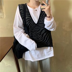 Trui Vest Vrouwen Zebra Gestreepte V-hals Harajuku Streetwear Oversize Ulzzang Stijlvolle Retro Zachte Casual Uitloper Koreaanse Eenvoudige Ins