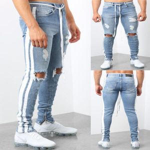 Skinny Jeans Voor Mannen Geript Gat Stretch Denim Potlood Broek Mannelijke Herfst Kant Streep Streetwear Slim Fit Jean Broek Plus size