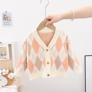 Herfst Winter Jongens Lange Mouw V-hals Ruit Print Knitwear Casaul Trui Kinderen Kids Vesten Bovenkleding Jassen