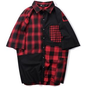 Lente Plaid Splice Knop Harajuku Hip Hop Mannen Losse Korte Mouw Mode Knop Omhoog Shirt Streetwear