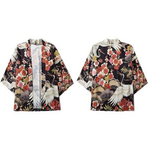 Gonthwid Kranen Kersenbloesems Bloemen Print Front Open Kimono Vest Shirts Jassen Streetwear Hip Hop Harajuku Casual Tops