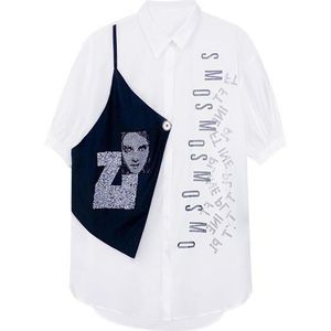 Xitao Patchwork Print Diamonds Shirt Vrouwen Kleding Zomer Mode Plus Size Turn Down Kraag Casual Blouse ZP1294