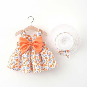 Zomer Jarretel Jurken Peuter Kind Baby Meisje Mouwloze Tutu Vestidos Strik Bloemenprint Sling Geplooide Jurk + Zonnescherm Hoed