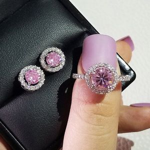 925 Sterling Zilver Kussen Cut Zirkoon Sieraden Set Engagement Ring Stud Earring Voor Vrouwen J5961-pink